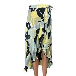 The Koopless Multicolor Hibiscus Floral Ruffle Midi Hi-Low A-Line Wrap Skirt 0